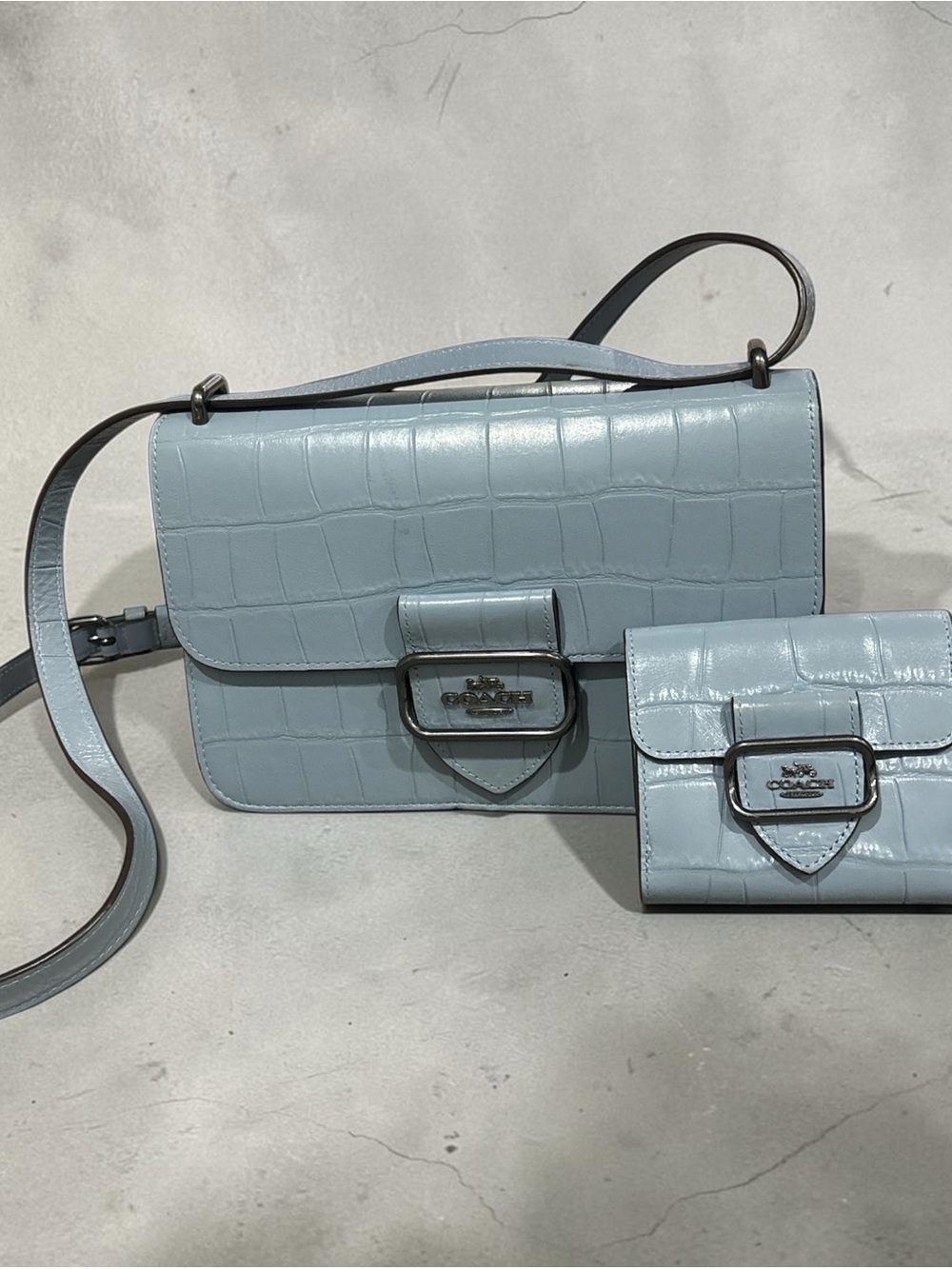 Coach Morgan Croc-Embossed Shoulder Bag and Wallet in Light Blue